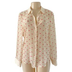 Hinge Couture Sheer Cream Blouse Pink Polkadot Button Up Top Spring Fun Corpcore